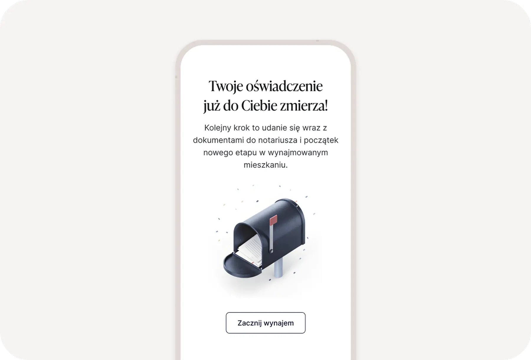 Ekran potwierdzenia wysyłki oświadczenia do najmu okazjonalnego w aplikacji simpl.rent z informacją o kolejnym kroku u notariusza